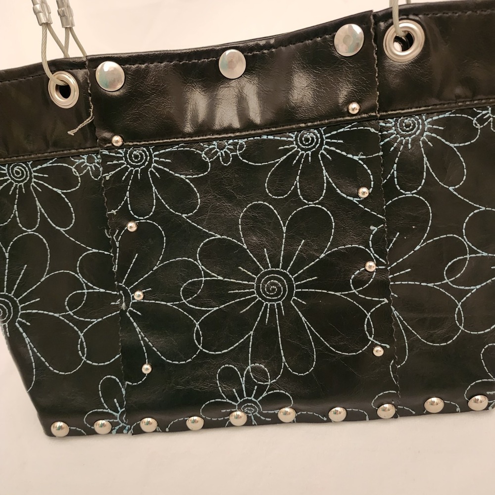 Hardwear By Renee Shoulder Tote Bag Upcycled Wood Rivets Cables Leather Floral - Picture 2 of 11
